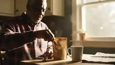 A man in his sixties at a kitchen table holding a small scoop of tan powder up to the window light beside a mug of coffee