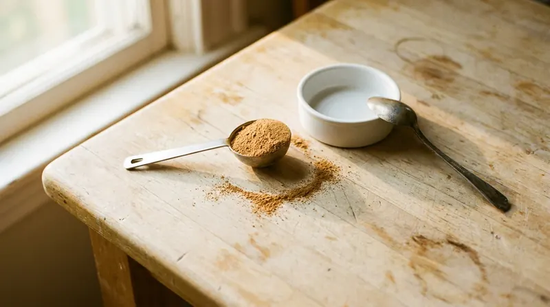 A level measuring tablespoon of fine tan powder on a wooden table beside a teaspoon and a small white dish