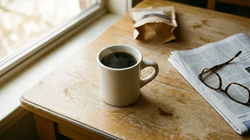 A white mug of black coffee steaming on a wooden table beside a folded newspaper and reading glasses
