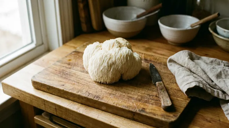 A white shaggy lion's mane mushroom on a wooden cutting board beside a small knife