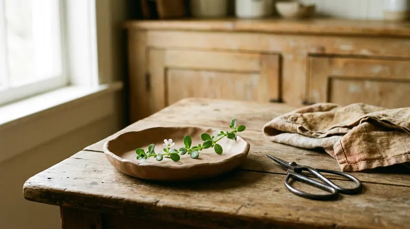 A sprig of bacopa with small oval leaves and a white flower in a clay dish of water