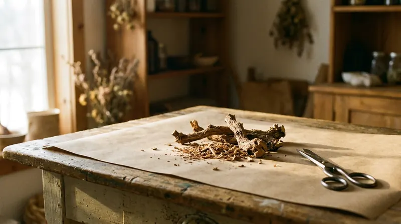 Pieces of dried woody rhodiola root and shavings on brown paper on a wooden table