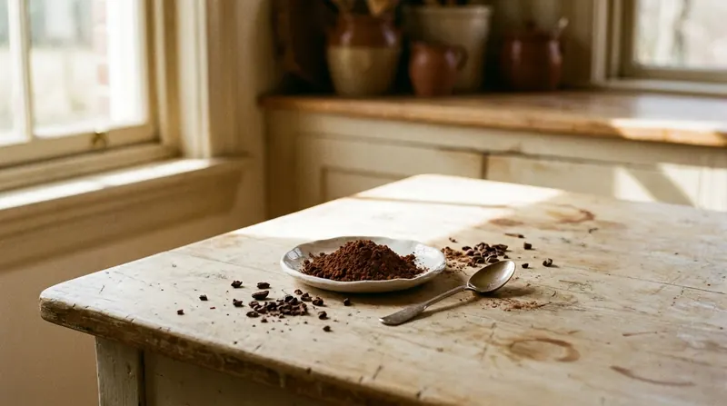 A small white dish of dark cacao powder and broken cacao nibs on a wooden table with a spoon