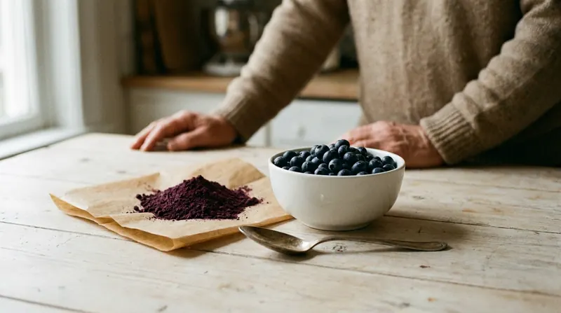 A bowl of fresh blueberries beside a small heap of dried purple blueberry powder on brown paper