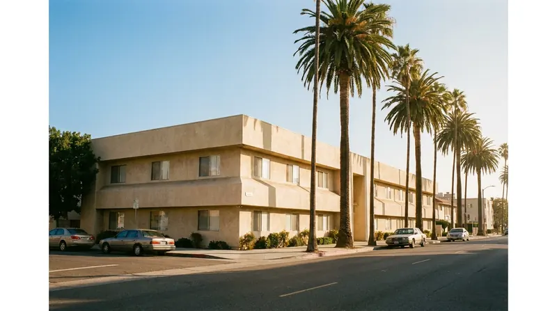 A low pale office building on a quiet palm-lined street in Santa Monica in morning light