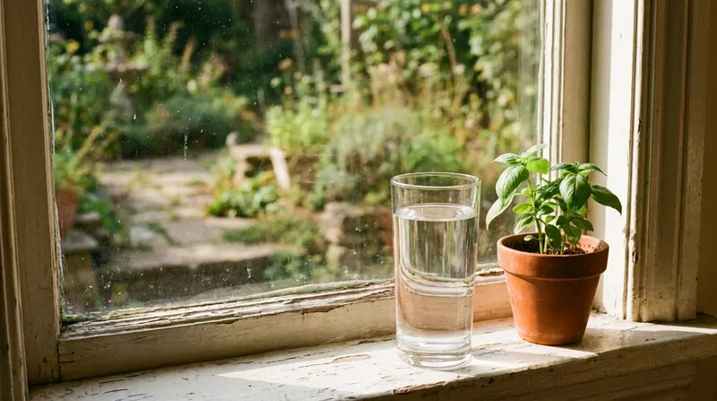 A tall glass of plain water on a painted windowsill beside a small potted herb