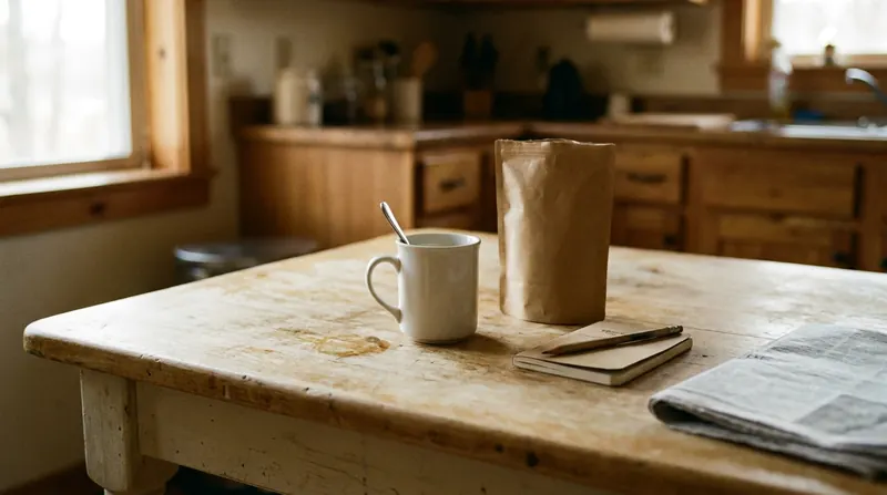 A kitchen table with an empty mug, a closed pouch and a notebook with a pencil laid across it