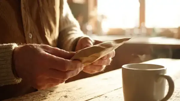 A man's hands turning a brown pouch around to read the back of it and setting it down beside a mug