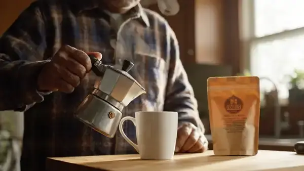 A man in his sixties pouring coffee from a pot into a white mug at a kitchen counter