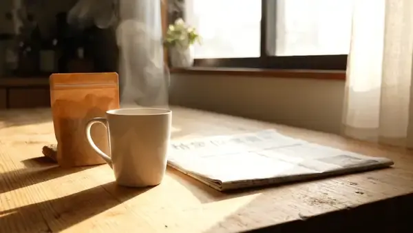 Steam rising from a mug of coffee on a kitchen table beside a closed pouch and a folded newspaper