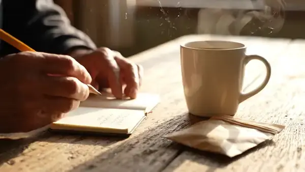 A man's hands writing a line in a small notebook beside a mug of coffee and a closed pouch