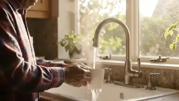A man in his sixties rinsing a white mug at the sink and setting it on the draining rack